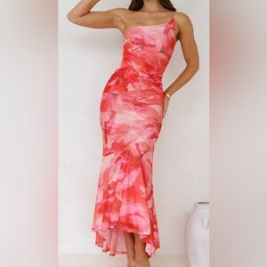 HELLO MOLLY one shoulder fabulous mesh floral maxi dress